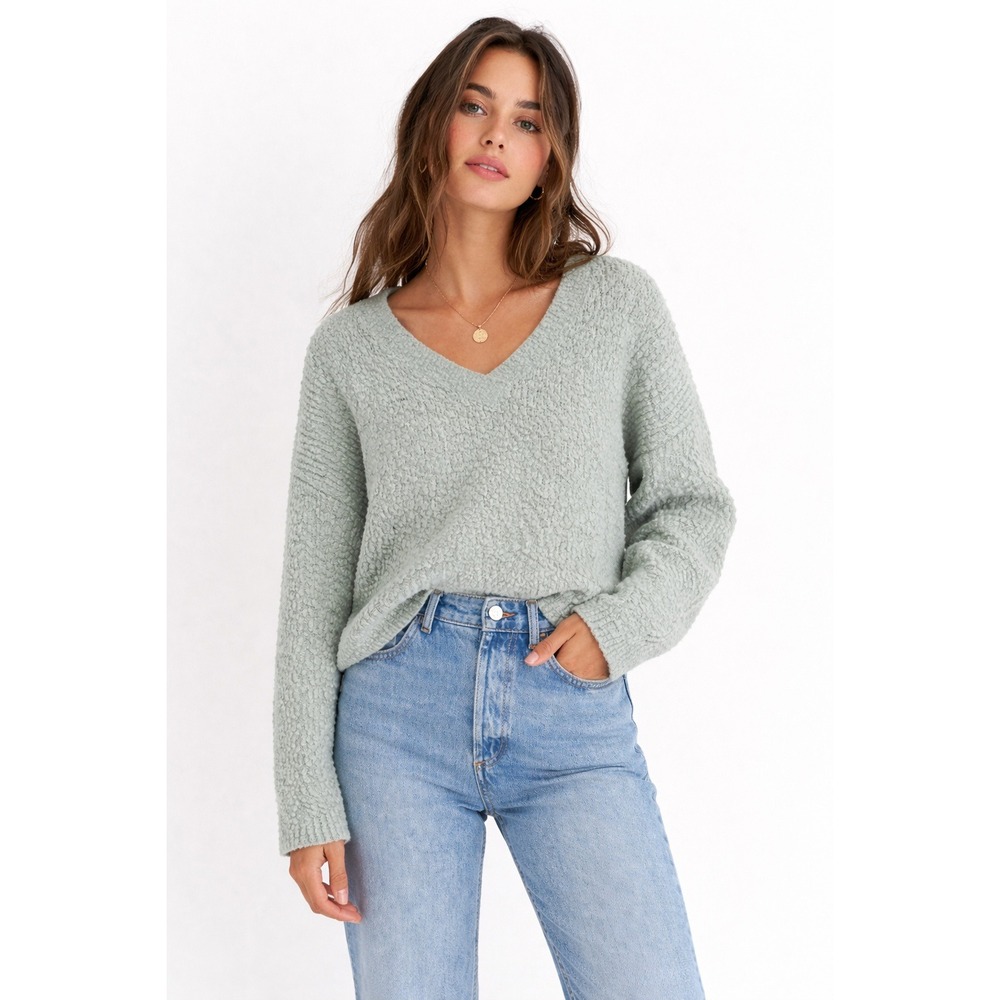 Maeve V-Neck Sweater Women 2X Mint Green Boucle Merino Wool Blend Pullover
